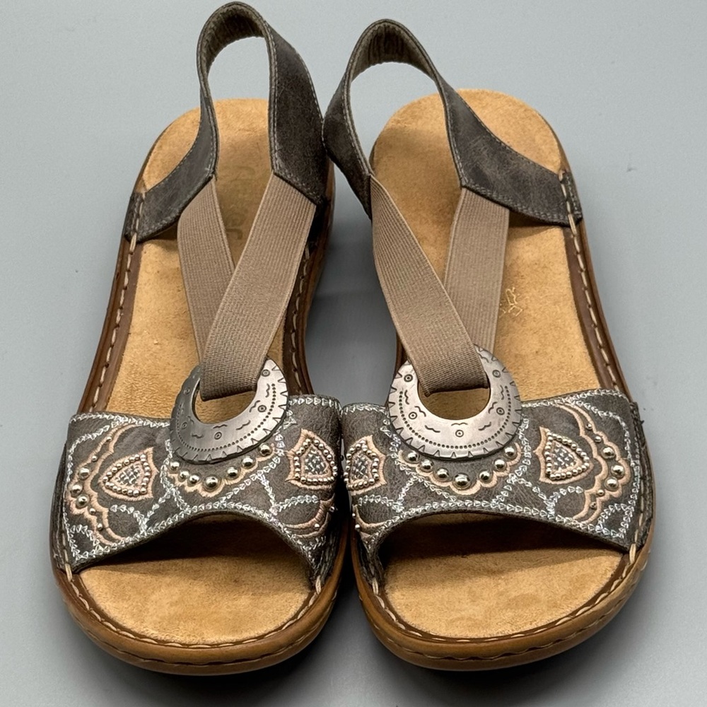 Rieker Regina Sandal Brown Taupe w/ Silver Metal Ring sz 40 US 8.5 - 9 Orig $110